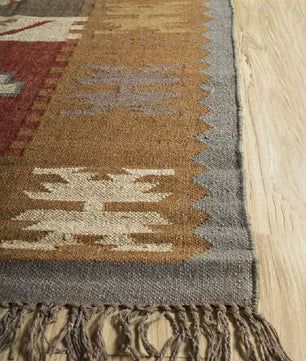 Handwoven Wool Jute Kilim Area Rug – Earthy Tribal Diamond Geometric Flatweave Rug with Fringe