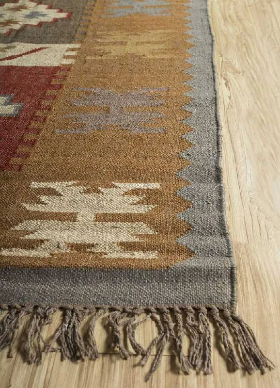 Handwoven Wool Jute Kilim Area Rug – Earthy Tribal Diamond Geometric Flatweave Rug with Fringe