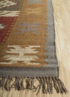 Handwoven Wool Jute Kilim Area Rug – Earthy Tribal Diamond Geometric Flatweave Rug with Fringe
