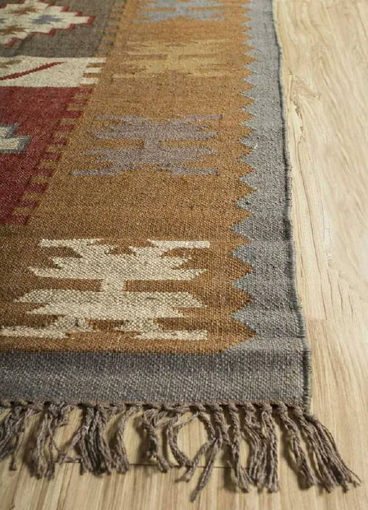 Handwoven Wool Jute Kilim Area Rug – Earthy Tribal Diamond Geometric Flatweave Rug with Fringe