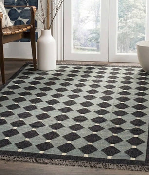 Handmade Charcoal Gray Wool Jute Kilim Area Rug with Geometric Diamond Pattern | Modern Flatweave Rug for Living Room & Bedroom