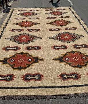Handwoven Southwestern Kilim Rug | Handmade Wool Jute Tribal Area Rug, Rustic Flatweave Geometric Dhurrie for Living Room Bedroom