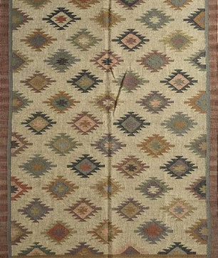 Handmade Wool Jute Kilim Area Rug – Multicolor Southwestern Geometric Flatweave Rug with Fringe, Tribal Boho Rug for Living Room