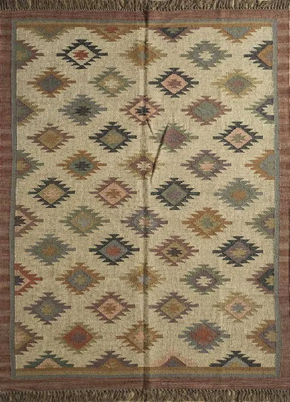 Handmade Wool Jute Kilim Area Rug – Multicolor Southwestern Geometric Flatweave Rug with Fringe, Tribal Boho Rug for Living Room