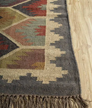 Southwestern Geometric Area Rug – Handmade Wool Jute Tribal Hexagon Rug, Multicolor Earth Tone Dhurrie