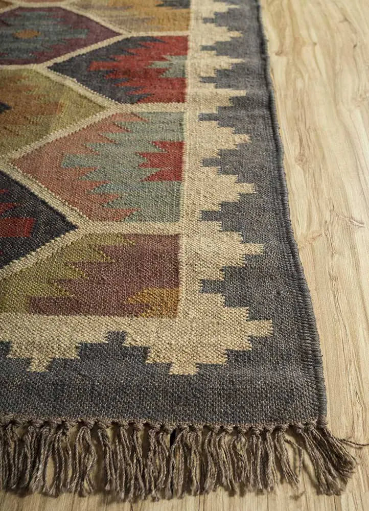 Southwestern Geometric Area Rug – Handmade Wool Jute Tribal Hexagon Rug, Multicolor Earth Tone Dhurrie