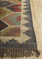 Southwestern Geometric Area Rug – Handmade Wool Jute Tribal Hexagon Rug, Multicolor Earth Tone Dhurrie