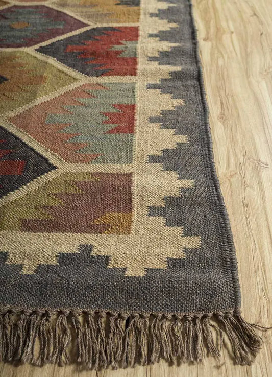 Southwestern Geometric Area Rug – Handmade Wool Jute Tribal Hexagon Rug, Multicolor Earth Tone Dhurrie