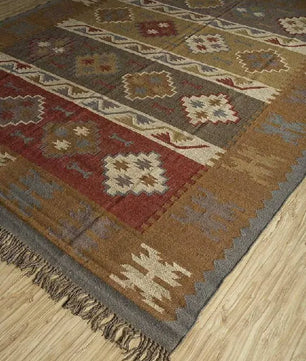 Handwoven Wool Jute Kilim Area Rug – Earthy Tribal Diamond Geometric Flatweave Rug with Fringe