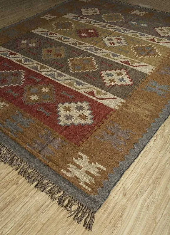 Handwoven Wool Jute Kilim Area Rug – Earthy Tribal Diamond Geometric Flatweave Rug with Fringe