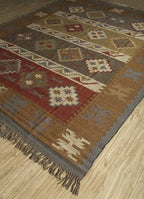 Handwoven Wool Jute Kilim Area Rug – Earthy Tribal Diamond Geometric Flatweave Rug with Fringe