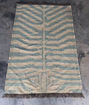 Handwoven Blue Tiger Wool Jute Kilim Rug | Abstract Tibetan Tiger Flatweave Area Rug for Modern, Scandinavian & Boho Homes