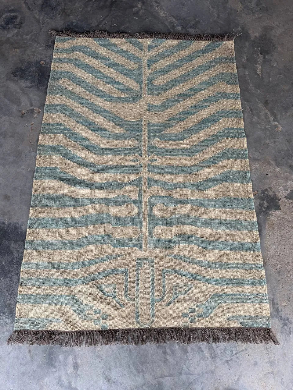 Handwoven Blue Tiger Wool Jute Kilim Rug | Abstract Tibetan Tiger Flatweave Area Rug for Modern, Scandinavian & Boho Homes