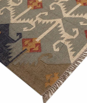 Handmade Wool Jute Southwestern Kilim Area Rug with Neutral Tribal Geometric Pattern | Flatweave Boho Farmhouse Living Room Rug
