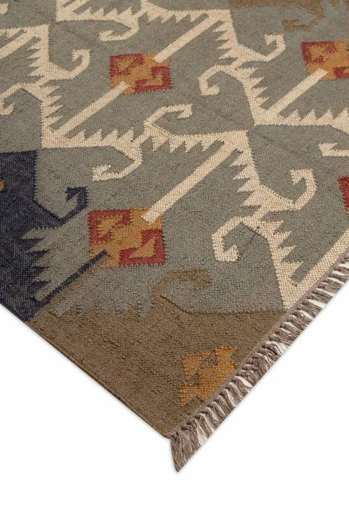 Handmade Wool Jute Southwestern Kilim Area Rug with Neutral Tribal Geometric Pattern | Flatweave Boho Farmhouse Living Room Rug