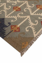Handmade Wool Jute Southwestern Kilim Area Rug with Neutral Tribal Geometric Pattern | Flatweave Boho Farmhouse Living Room Rug