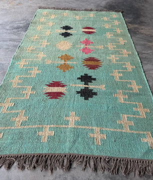 Handwoven Wool Jute Kilim Rug, Teal Tribal Area Rug, Handmade Flatweave Dhurrie Carpet, Boho Geometric Living Room Rug with Fringe