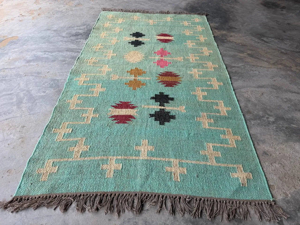 Handwoven Wool Jute Kilim Rug, Teal Tribal Area Rug, Handmade Flatweave Dhurrie Carpet, Boho Geometric Living Room Rug with Fringe