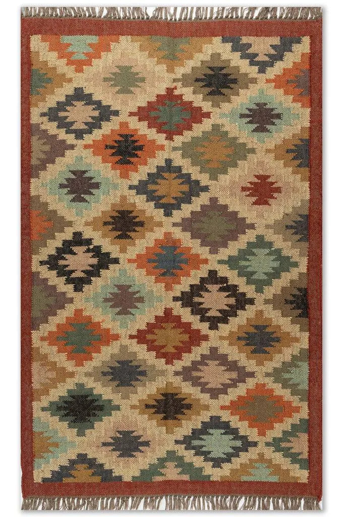 Handwoven Multicolor Wool Jute Kilim Area Rug – Bohemian Geometric Diamond Flatweave Tribal Dhurrie with Fringe