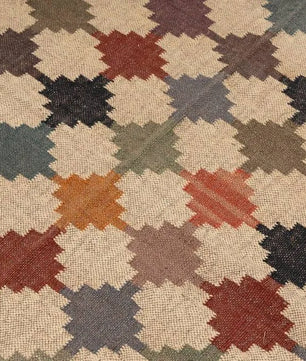 Handwoven Multicolor Wool Jute Kilim Area Rug – Tribal Geometric Flatweave Dhurrie Rug, Boho Southwestern Reversible Living Room Carpet
