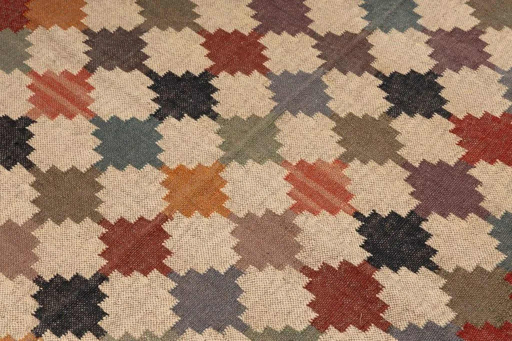 Handwoven Multicolor Wool Jute Kilim Area Rug – Tribal Geometric Flatweave Dhurrie Rug, Boho Southwestern Reversible Living Room Carpet