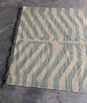 Handwoven Blue Tiger Wool Jute Kilim Rug | Abstract Tibetan Tiger Flatweave Area Rug for Modern, Scandinavian & Boho Homes