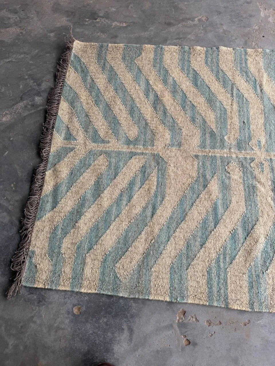 Handwoven Blue Tiger Wool Jute Kilim Rug | Abstract Tibetan Tiger Flatweave Area Rug for Modern, Scandinavian & Boho Homes