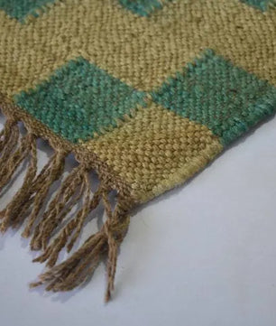 Southwestern Geometric Area Rug – Handwoven Teal Beige Wool Jute Flatweave Rug with Fringed Edges