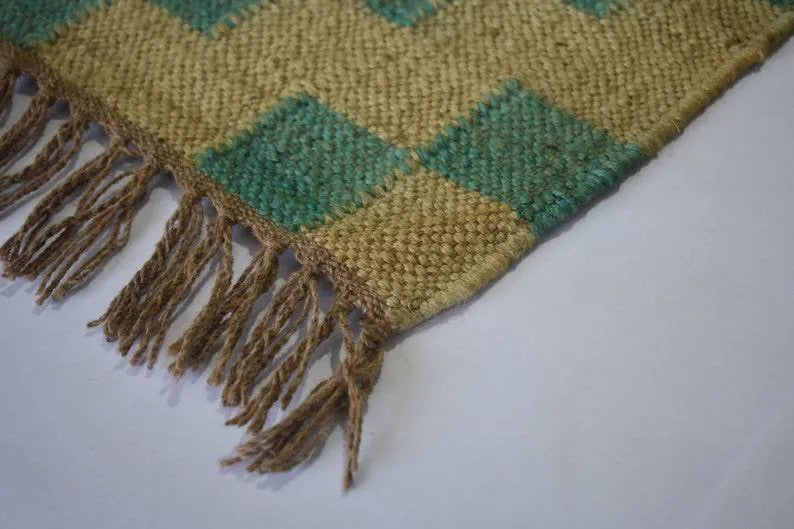 Southwestern Geometric Area Rug – Handwoven Teal Beige Wool Jute Flatweave Rug with Fringed Edges
