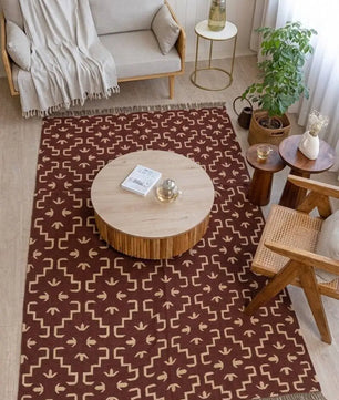 Handmade Burgundy Tribal Wool Jute Kilim Area Rug with Tassels | Geometric Flatweave Rug for Living Room & Bedroom