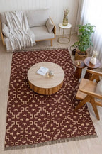 Handmade Burgundy Tribal Wool Jute Kilim Area Rug with Tassels | Geometric Flatweave Rug for Living Room & Bedroom