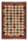 Handgeweefde Veelkleurige Wol Jute Kilim Mat – Stam Meetkundige Platweef Dhurrie Mat, Boho Suidwestelike Omkeerbare Woonkamertapyt