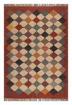 Handgeweefde Veelkleurige Wol Jute Kilim Mat – Stam Meetkundige Platweef Dhurrie Mat, Boho Suidwestelike Omkeerbare Woonkamertapyt