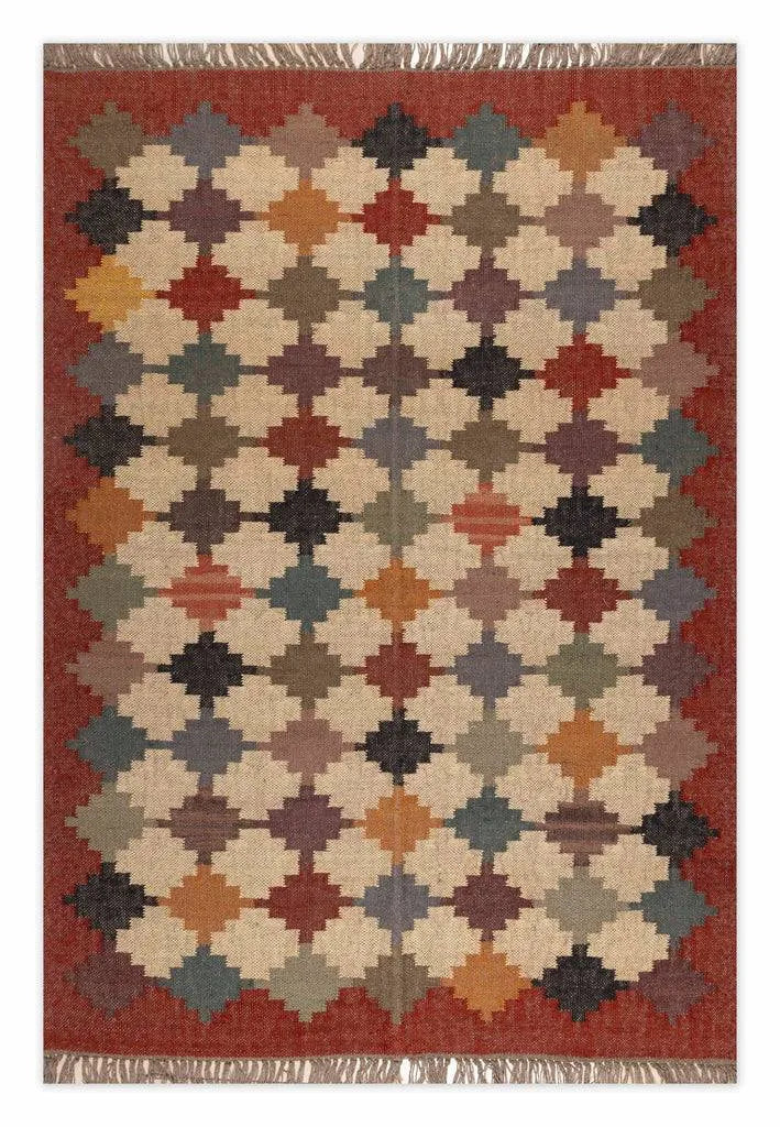 Handwoven Multicolor Wool Jute Kilim Area Rug – Tribal Geometric Flatweave Dhurrie Rug, Boho Southwestern Reversible Living Room Carpet