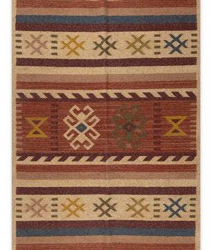 Southwestern Striped Area Rug – Handwoven Jute Wool Boho Tribal Geometric Flatweave Rug in Terracotta & Beige