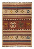 Southwestern Striped Area Rug – Handwoven Jute Wool Boho Tribal Geometric Flatweave Rug in Terracotta & Beige