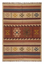 Southwestern Striped Area Rug – Handwoven Jute Wool Boho Tribal Geometric Flatweave Rug in Terracotta & Beige