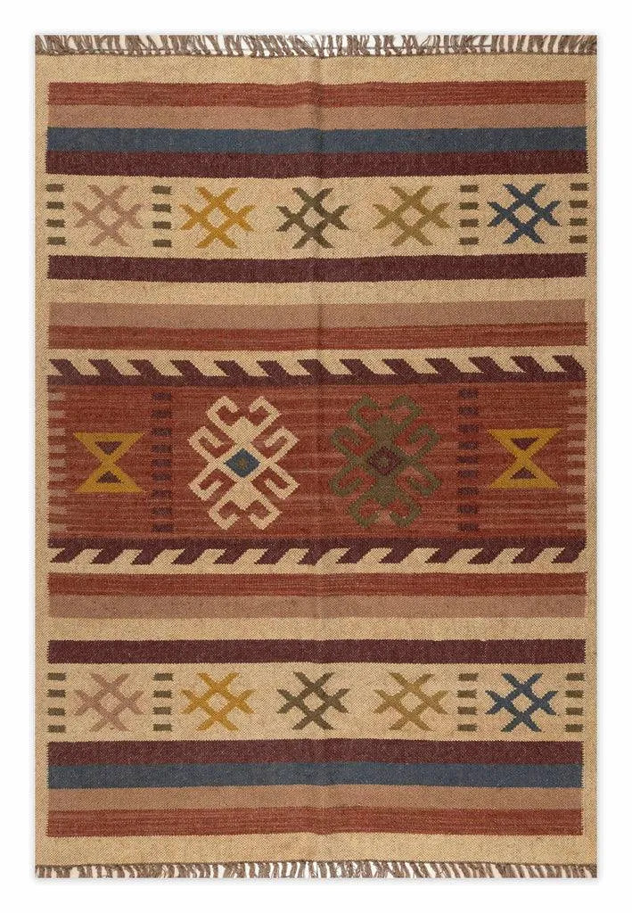 Southwestern Striped Area Rug – Handwoven Jute Wool Boho Tribal Geometric Flatweave Rug in Terracotta & Beige