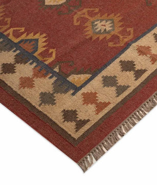 Handwoven Southwestern Wool Jute Kilim Area Rug – Rust Red Tribal Medallion Flatweave Dhurrie Carpet for Living Room, Bedroom & Dining Room