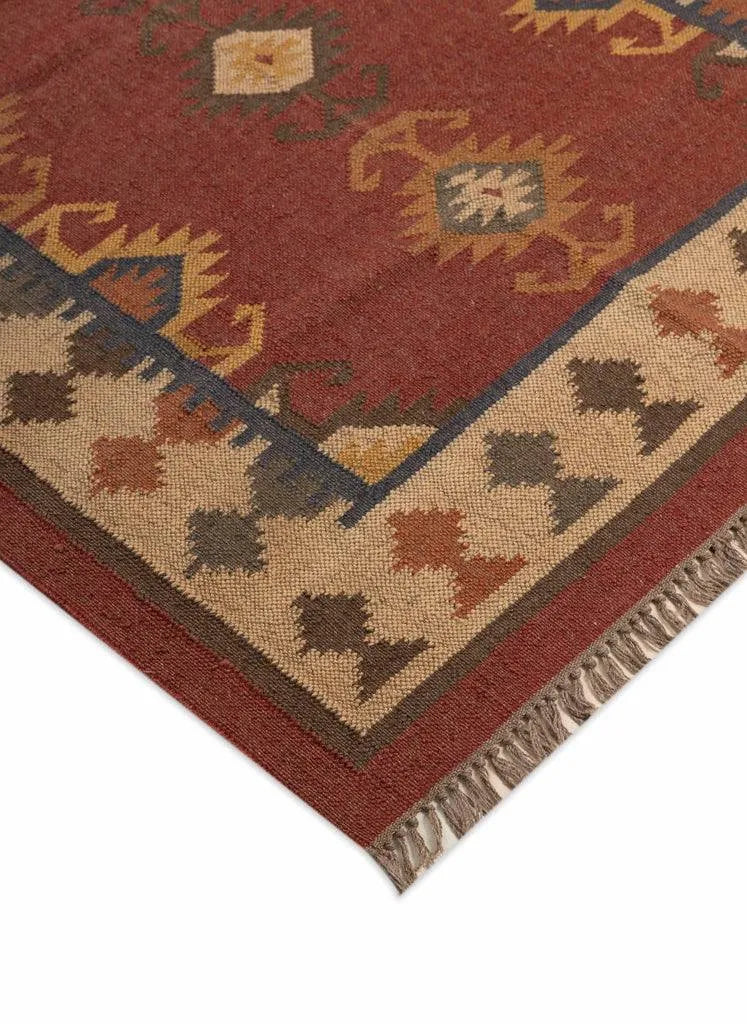 Handwoven Southwestern Wool Jute Kilim Area Rug – Rust Red Tribal Medallion Flatweave Dhurrie Carpet for Living Room, Bedroom & Dining Room