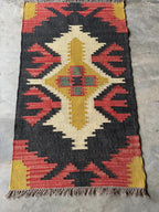 Handwoven Black Southwestern Wool Jute Kilim Rug, Navajo Tribal Flatweave Area Rug, Boho Rustic Handmade Dhurrie Carpet with Fringe