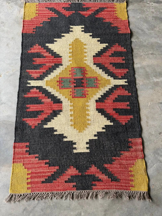 Handwoven Black Southwestern Wool Jute Kilim Rug, Navajo Tribal Flatweave Area Rug, Boho Rustic Handmade Dhurrie Carpet with Fringe