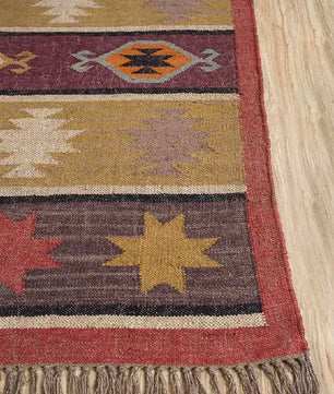 Boho Tribal Area Rug – Handwoven Geometric Flatweave Rug in Terracotta, Mustard & Plum with Fringe