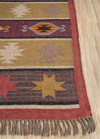 Boho Tribal Area Rug – Handwoven Geometric Flatweave Rug in Terracotta, Mustard & Plum with Fringe