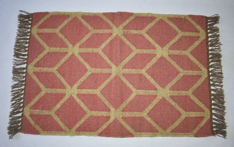 Handwoven Wool Jute Area Rug – Terracotta 3D Geometric Cube Kilim Rug, Reversible Flatweave with Fringe