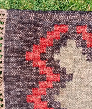 Southwestern Tribal Area Rug – Handmade Wool Jute Diamond Medallion Rug, Beige Rust Flatweave with Fringe