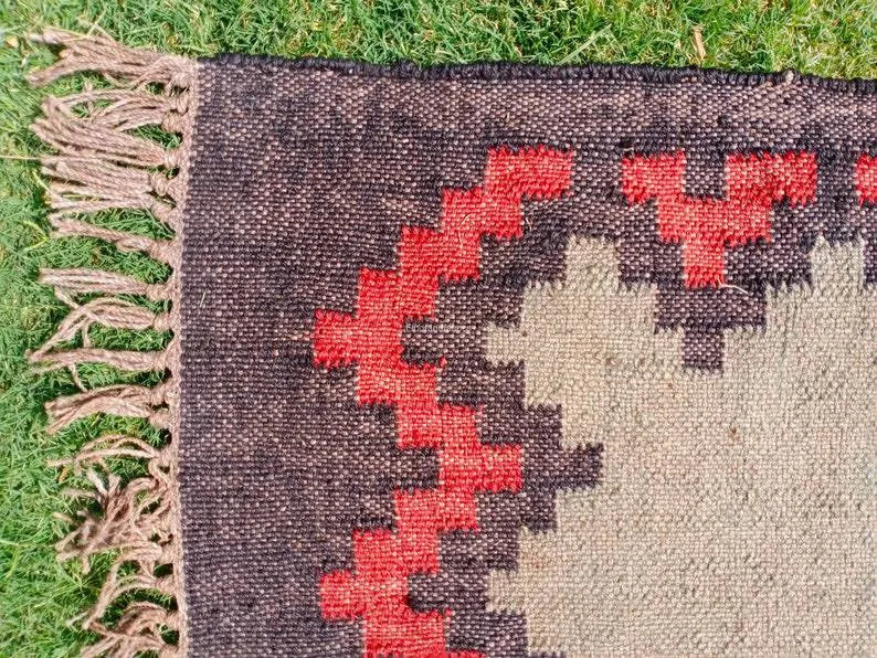 Southwestern Tribal Area Rug – Handmade Wool Jute Diamond Medallion Rug, Beige Rust Flatweave with Fringe