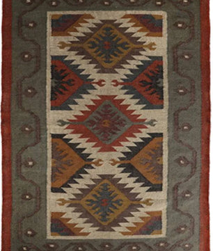 Handwoven Wool Jute Kilim Area Rug – Southwestern Tribal Diamond Flatweave Rug, Terracotta Sage & Cream