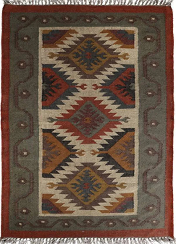 Handwoven Wool Jute Kilim Area Rug – Southwestern Tribal Diamond Flatweave Rug, Terracotta Sage & Cream