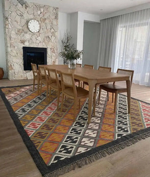Handmade Multicolor Wool Jute Kilim Area Rug with Tassels | Tribal Diamond Geometric Flatweave Rug for Living Room & Bedroom
